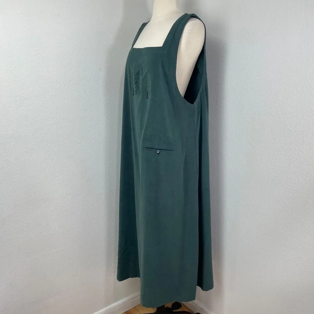CJ Banks Forest Green Maxi Jumper Dress 14W Pocket Embroidery Trees Dark Academa